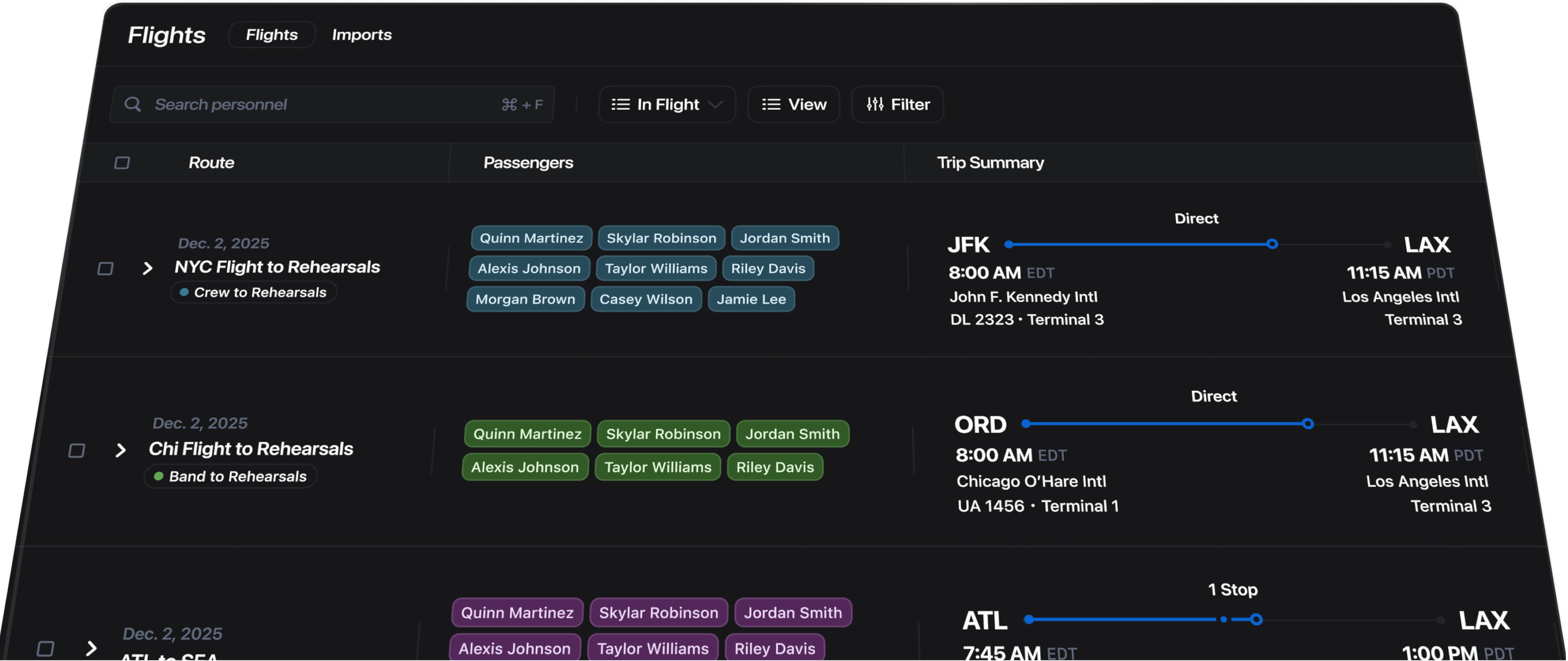 Flight Grid Dashboard showing departure times, airports, and flight details