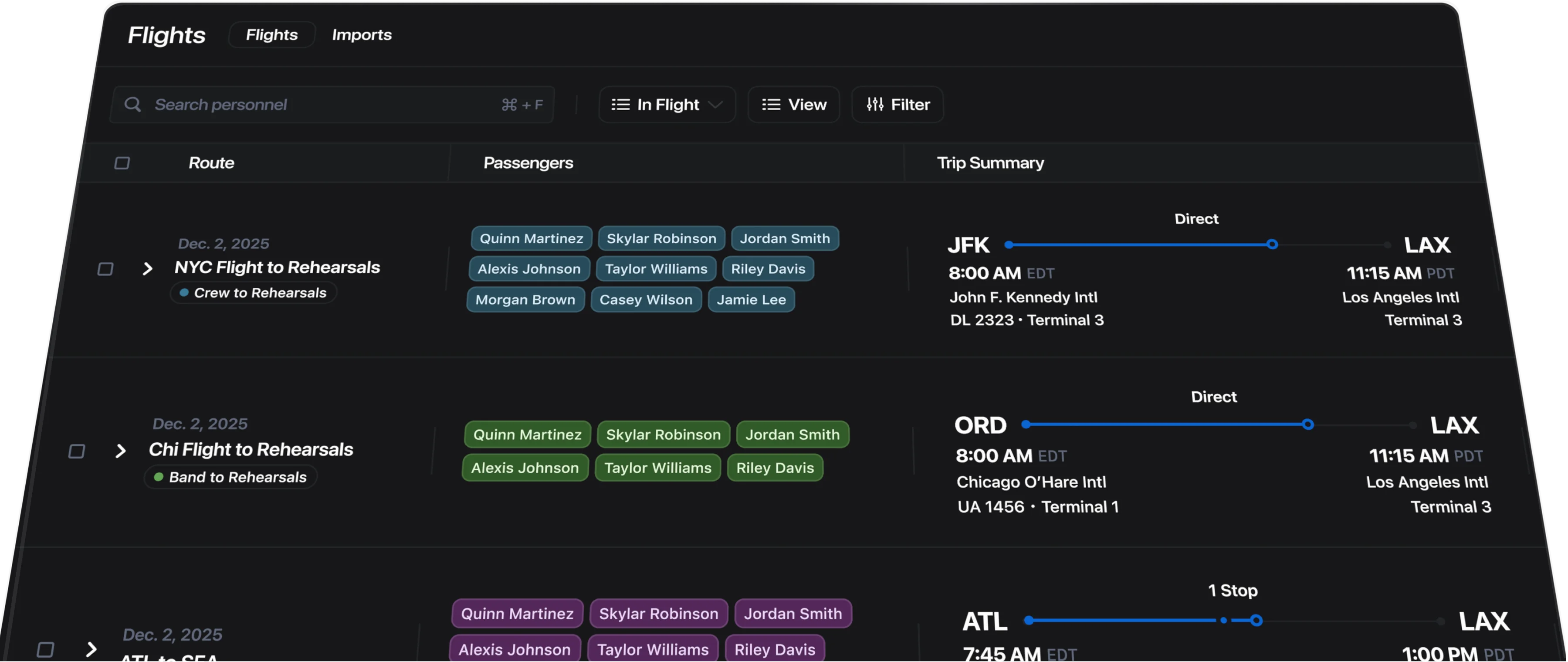 Flight Grid Dashboard showing departure times, airports, and flight details