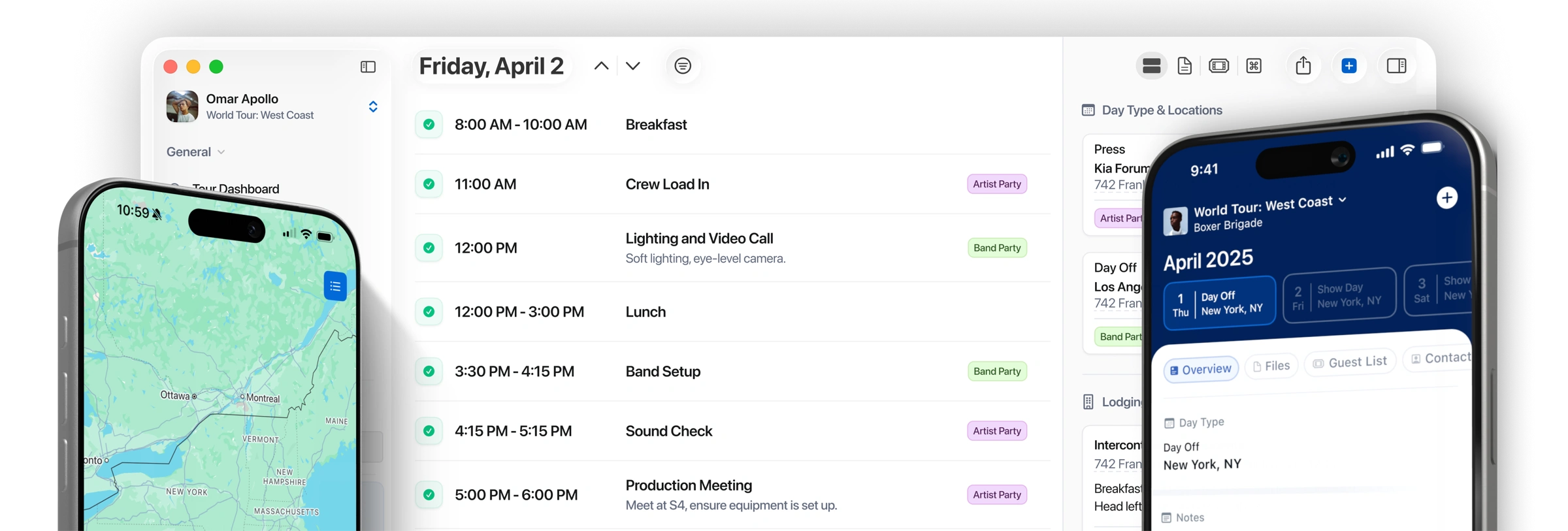 Daysheets app interface showing tour management dashboard